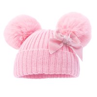 H678-P: Pink Hat w/Pom Poms & Velvet Bow (0-12M)